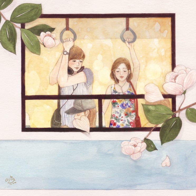 静静听欧巴弹吉他最幸福～韩国超唯美恋人水彩插画