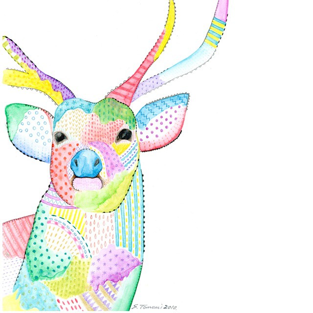 用点线还有色块描绘的动物,有点拼布作品的感觉.